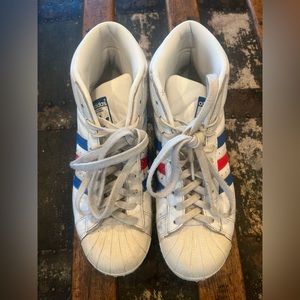 Vintage Adidas High Top Sneakers White Red Blue Stripes